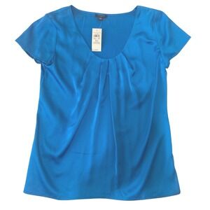 Ann Taylor XS Blue Pleated Front Scoop Neck Short Sleeve Blouse NWT 298421